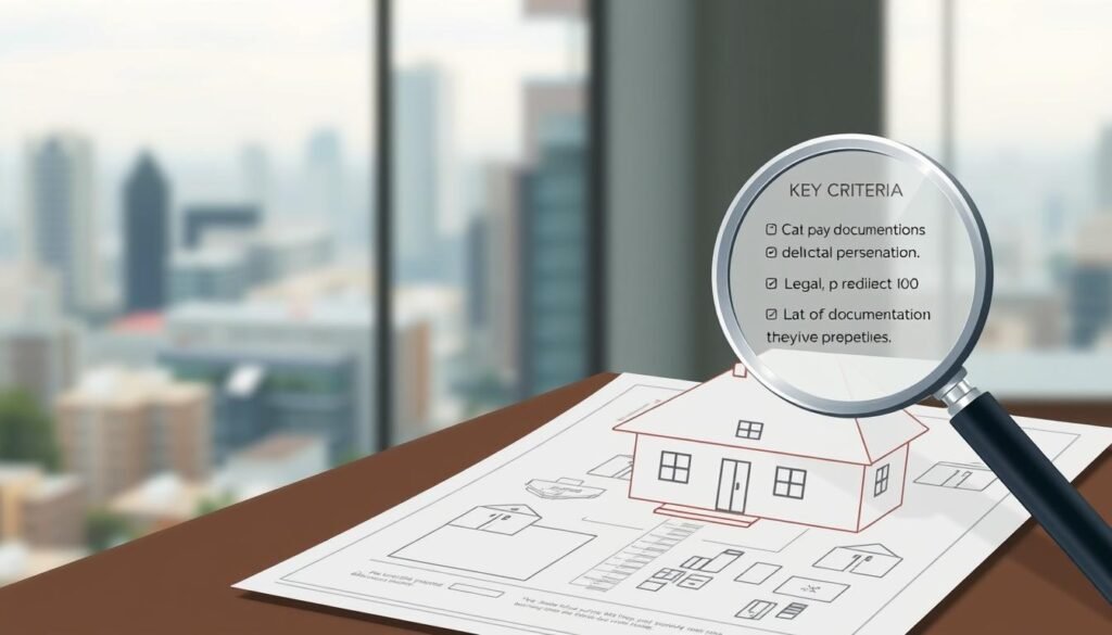 A modern, minimalist illustration showcasing the key criteria for selecting a property. In the foreground, a minimalist home blueprint with annotated details like location, size, layout, and amenities. In the middle ground, a magnifying glass highlighting legal and documentation aspects, conveying the importance of thorough inspection. The background features a blurred cityscape, suggesting the broader real estate market context. The overall mood is one of thoughtful, informed decision-making, with clean lines, muted colors, and a sense of balance and clarity guiding the composition.