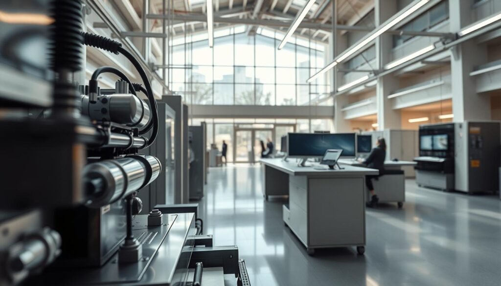 A modern, sleek industrial environment with efficient, cutting-edge technology. In the foreground, a complex piece of machinery or equipment, its metallic surfaces gleaming under bright, directional lighting. The midground features efficient, streamlined workstations and display panels, showcasing the latest advancements. In the background, a clean, minimalist architectural space with floor-to-ceiling windows, allowing natural light to pour in. The overall atmosphere conveys a sense of innovation, productivity, and environmental consciousness.
