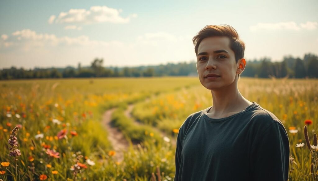 A serene, sun-dappled meadow, lush with vibrant wildflowers and verdant grasses. In the foreground, a person stands confidently, their gaze fixed on the horizon, exuding a renewed sense of self-assurance. Soft, warm lighting illuminates their face, highlighting a tranquil, contemplative expression. In the middle ground, a path winds through the meadow, symbolizing the journey of regaining trust. The background features a distant forest, its trees swaying gently in a light breeze, conveying a sense of peace and restoration. The overall scene radiates a calming, hopeful atmosphere, embodying the theme of "Como recuperar a confiança em poucos meses: estratégias comprovadas".