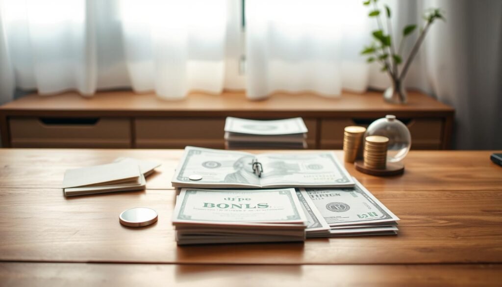 A tranquil still life showcasing various fixed-income investment options, artfully arranged on a wooden table under soft, diffused lighting. In the foreground, a selection of bonds, government securities, and high-yield savings accounts are neatly displayed, conveying a sense of stability and reliability. The middle ground features a well-balanced portfolio, with a mix of low-risk and moderately higher-yielding instruments, while the background subtly hints at the serene, contemplative atmosphere of a secure financial future. The overall composition and muted color palette evoke a sense of thoughtful, low-cost investment strategies accessible to the everyday investor.