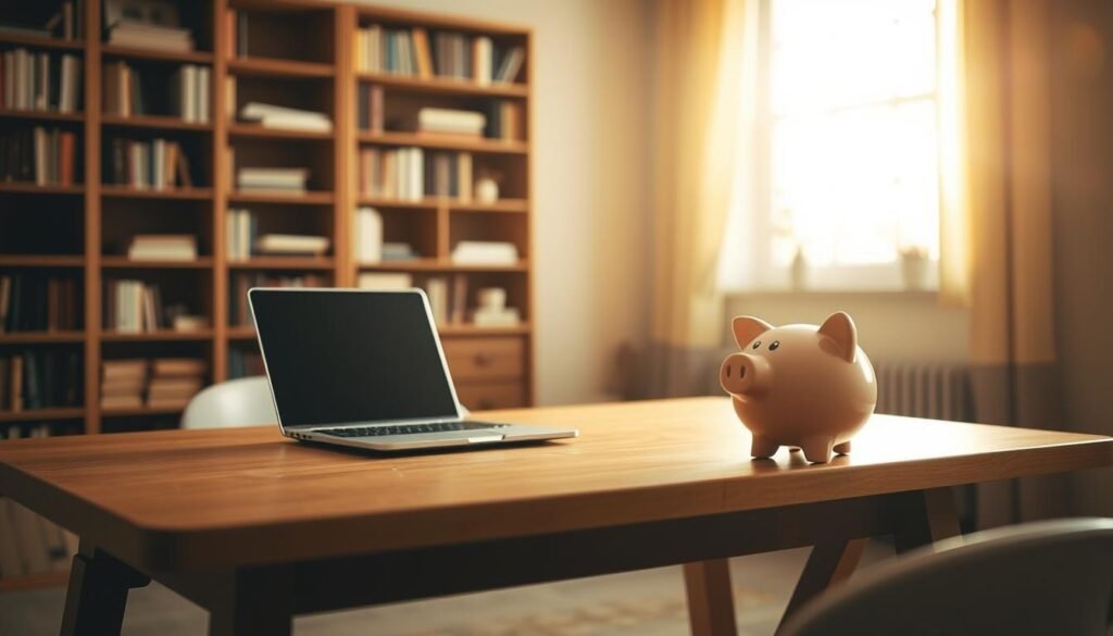 A tranquil, well-organized room with a sturdy wooden desk, a laptop, and a piggy bank prominently displayed. The lighting is warm and cozy, creating a sense of comfort and security. In the background, bookshelves line the walls, suggesting a space for contemplation and financial planning. The overall atmosphere conveys the importance of building a reliable emergency fund, with the piggy bank serving as a symbolic representation of responsible financial management. The composition emphasizes the simplicity and focus required to establish a solid financial foundation, reflecting the article's message about avoiding unnecessary emergency expenses.